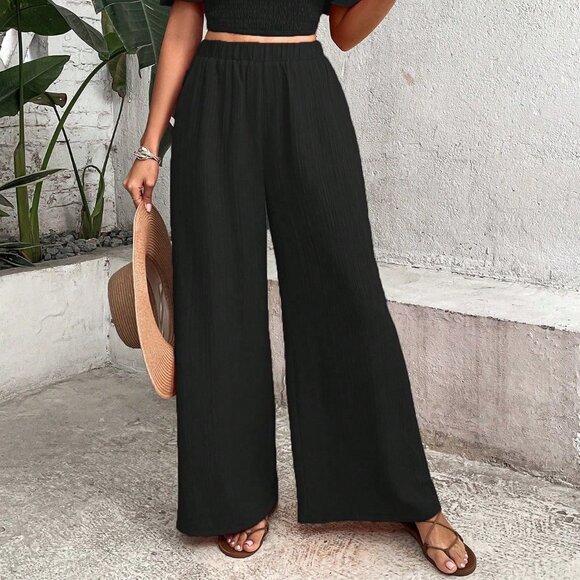Black Boho Womens Off Shoulder Ruffle Trim Top & Wide Leg Pants - Picture 2 of 5